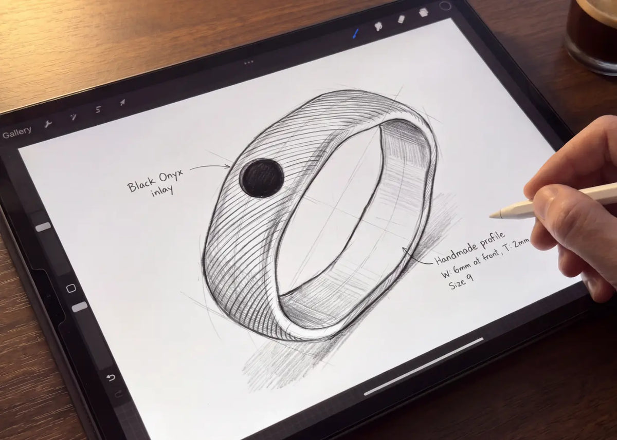 Een van de eerste schetsen van de UMBRA RING.: 6 mm band met zwarte onyx, getekend voordat het zilver met de hand wordt bewerkt - PALM. Jewelry