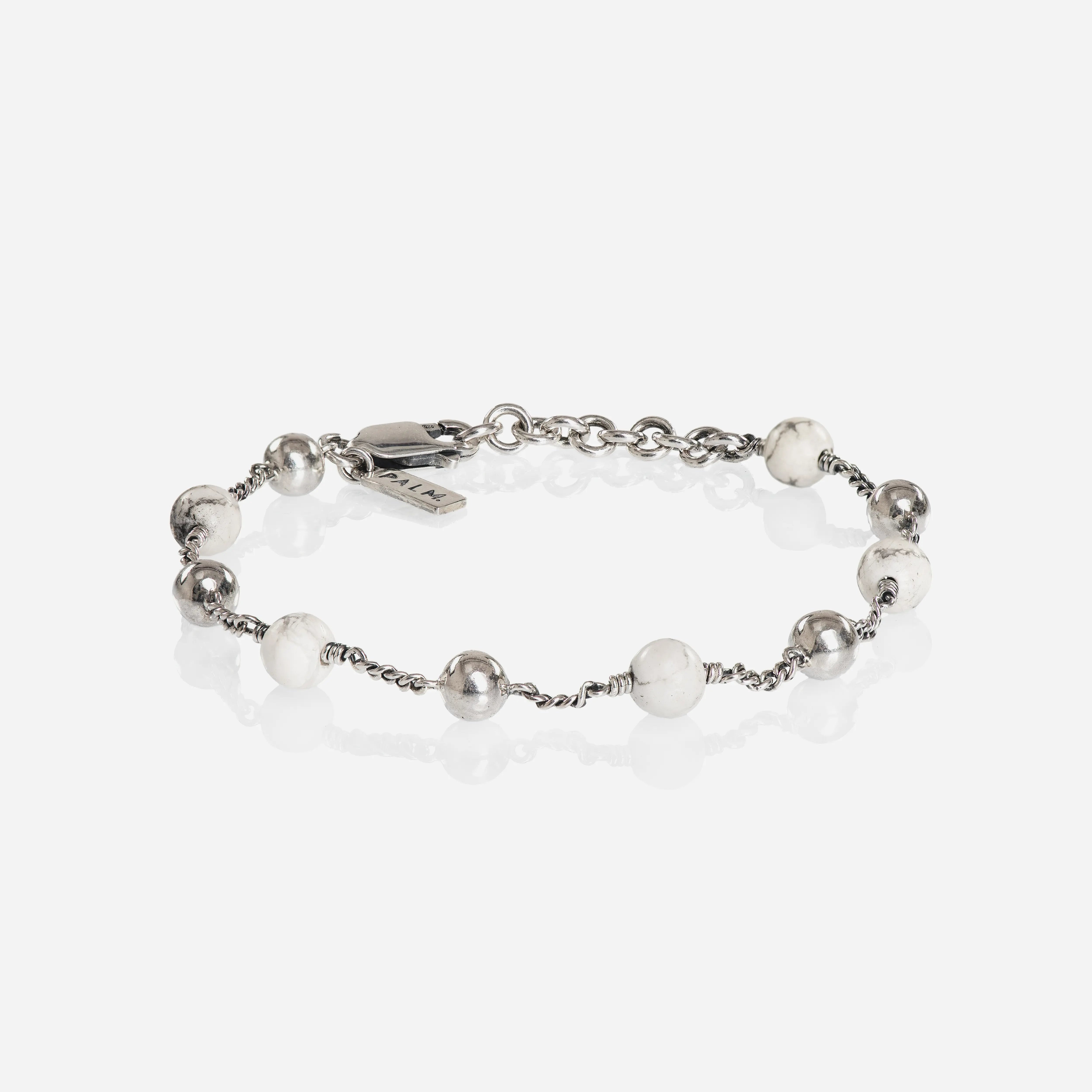Howliet Armband heren met natuurlijke wit-grijze howliet kralen en 925 zilver - PALM. Jewelry
